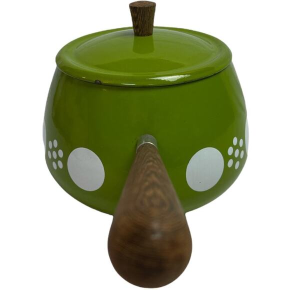Mid Century Modern Green Circle Enamel Fondue Sauce Pot with Wood Handle & Lid - Picture 2 of 12